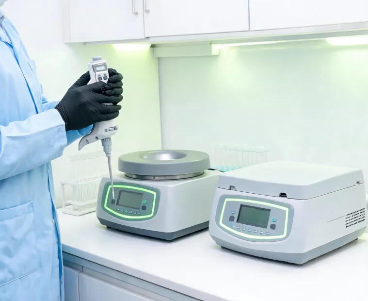 Technician using electronic pipette