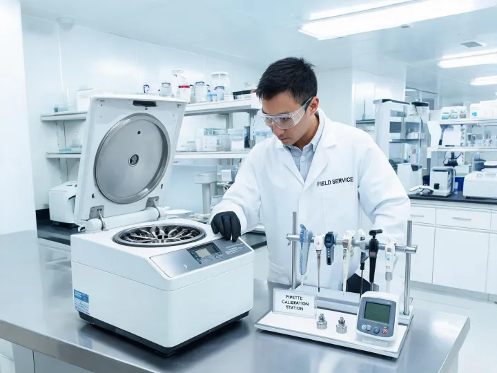 Laboratory service engineer checking centrifuge